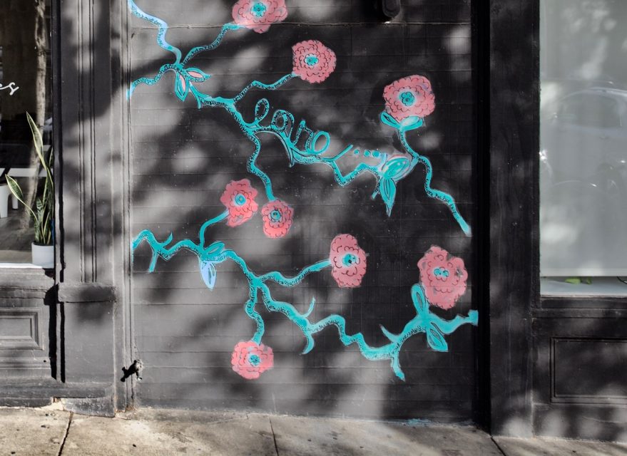 A black door with pink flowers and vines painted on it.