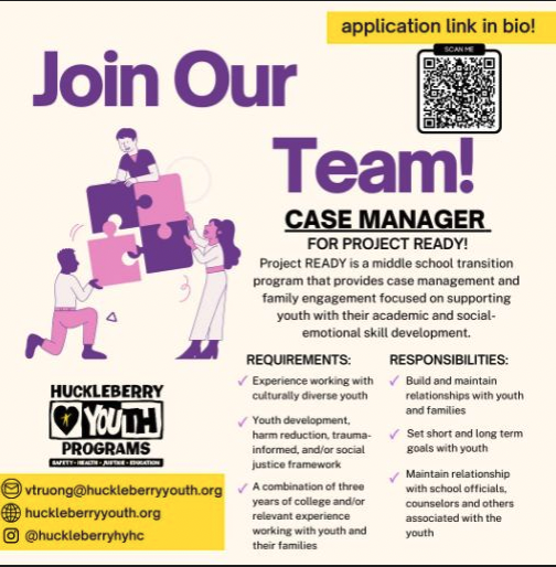 Promotional graphic inviting individuals to join a team for a youth support program, featuring job details, qr code, and social media handles.