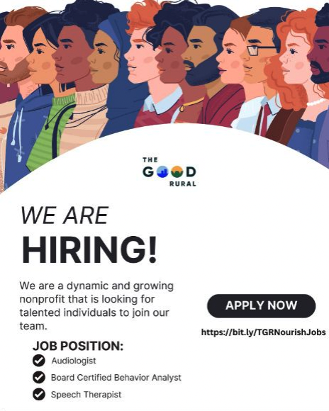 Diverse group of people with text advertising job opportunities at the good rural.