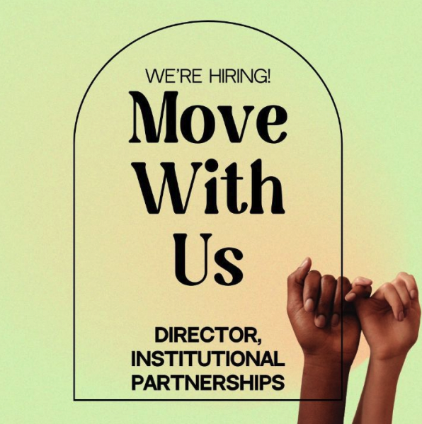 Job advertisement for a "director, institutional partnerships" position with the text "move with us" displayed prominently.