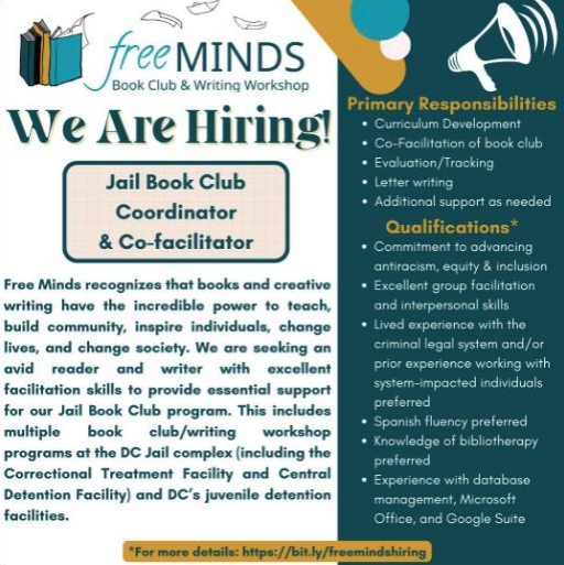 Flyer advertising job openings for jail book club coordinator and writing workshop facilitator with responsibilities, qualifications, and application details.