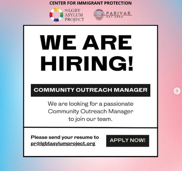 Job advertisement for a community outreach manager position at an lgbtq+ asylum protection organization.