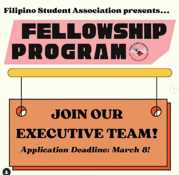 Promotional poster for the filipino student association's fellowship program inviting applicants to join their executive team, with a deadline of march 8.