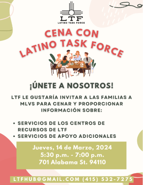 An event flyer for cena con latino task force, inviting families to a dinner and offering information on services and resources, scheduled for thursday, march 14th, from 5:30 p.