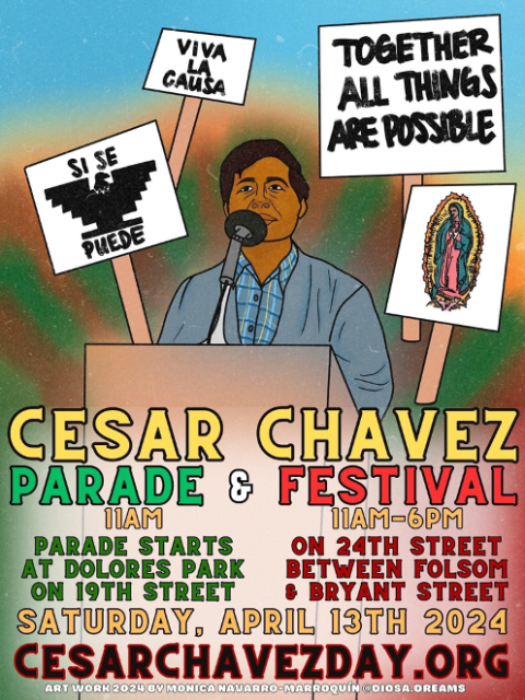 Celebration poster for the cesar chavez festival and parade featuring a schedule and illustrations commemorating cesar chavez's legacy.