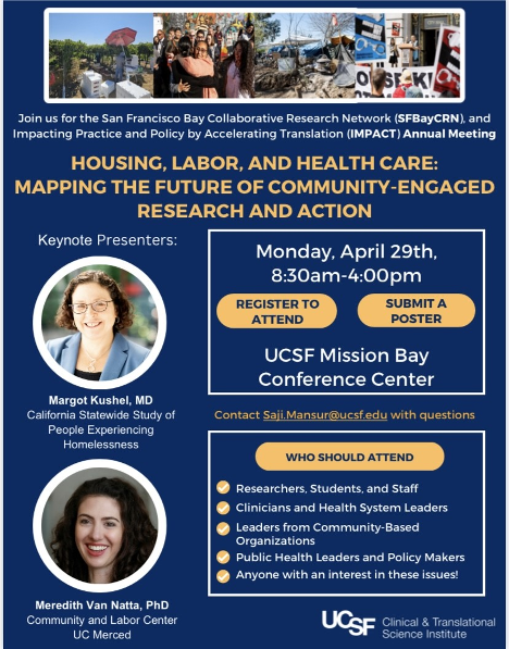 Flyer for ucsf impact annual meeting focused on community-academic research with keynote speakers, event details, and contact information.
