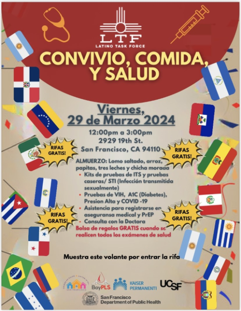 Promotional poster for a community health event offering food, free covid-19 and hiv testing, and healthcare resources on march 29, 2024, in san francisco, sponsored by ucsf.