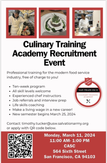 Culinary training academy recruitment event poster with details on program offerings, date, time, and location for interested individuals.
