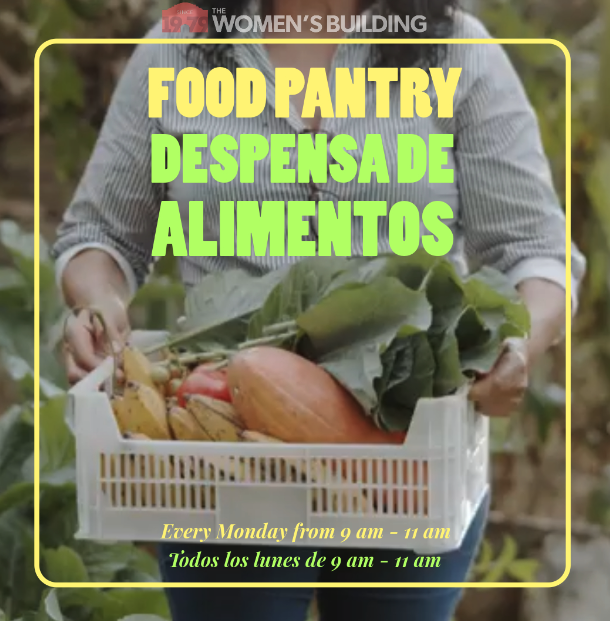 Person carrying a basket of fresh produce advertising a weekly food pantry event.