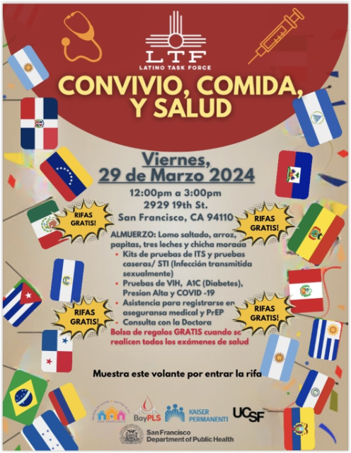 An informative poster for a community health event entitled "convivio y comida," scheduled for march 29, 2024, offering free food, health resources, and covid-19 tests, organized by the latino task force in collaboration with the san francisco department of public health.