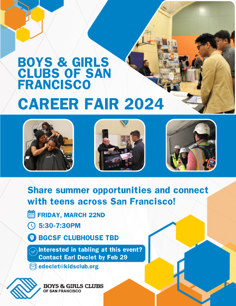 Career fair event flyer for boys & girls clubs of san francisco illustrating networking opportunities for teens with various professionals, scheduled for 2024.