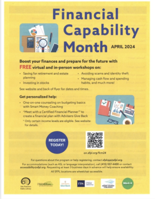 Promotional flyer for financial capability month, april 2024, offering free virtual and in-person workshops on financial planning and budgeting.