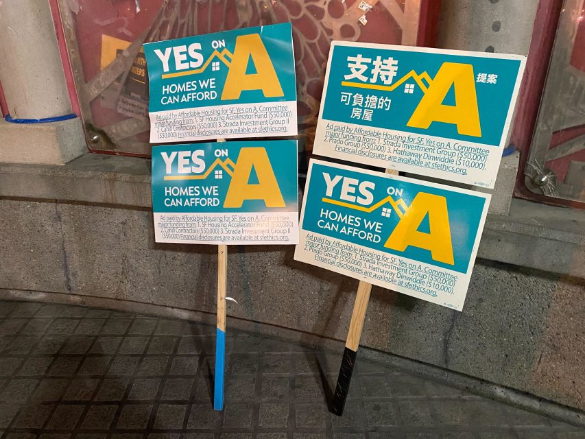 Yes on A signs leaning up against a wall