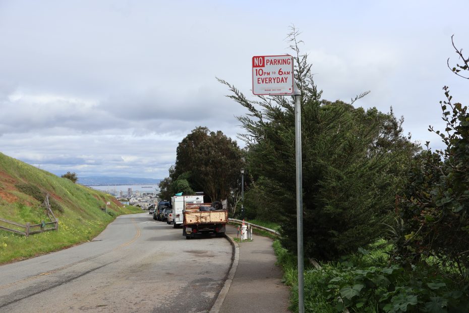 A "no parking" sign by a roadside with parked vehicles in the background during daytime, overlooking a view of a distant cityscape.