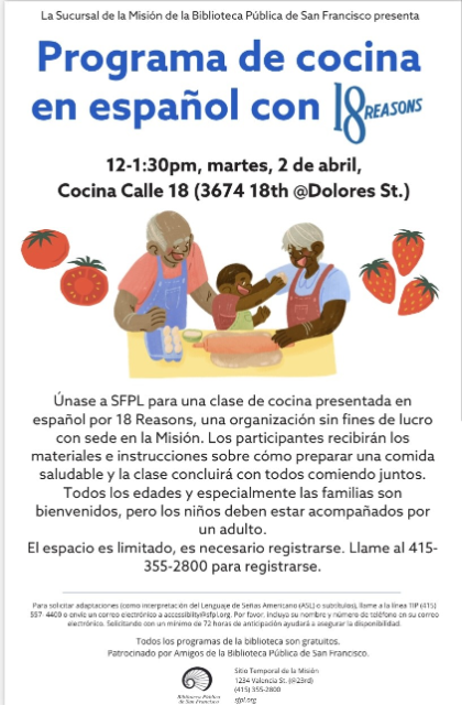 Flyer for a cooking class event at the san francisco public library's mission branch, highlighting details like time, date, and location, with a playful illustration of ingredients and kitchen utensils.