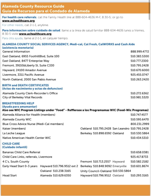 List of resources and contact information provided in the alameda county resource guide.