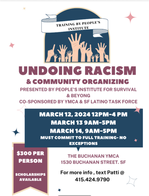 Promotional poster for a training event on undoing racism and community organizing, including date, time, location, and contact information.