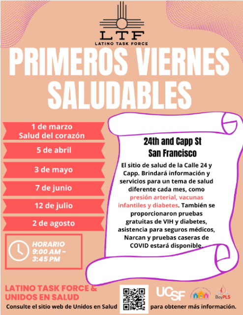 An informational poster in spanish promoting "latino task force" health events on the first fridays of certain months with services like blood pressure and diabetes tests, and covid-19 vaccines available.