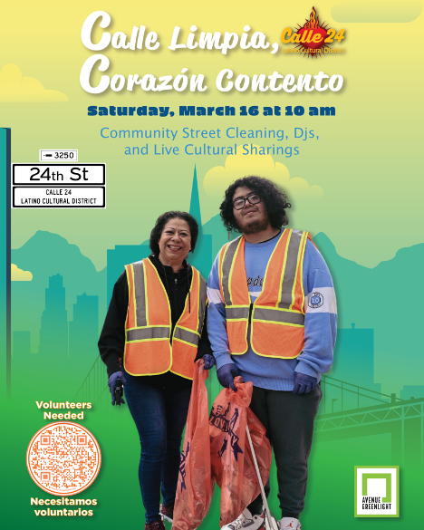 Two volunteers wearing high-visibility vests prepare for a community street cleaning event.