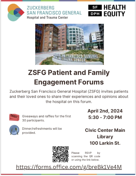 Advertisement for an engagement forum at zuckerberg san francisco general hospital with date, time, location, and qr code for rsvp.
