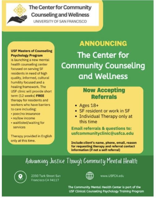 Flyer announcing services offered by the center for community counseling and wellness, highlighting free mental health counseling for san francisco residents with diverse language support.