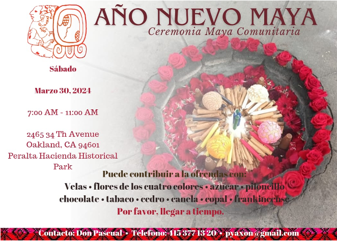 Flyer for a mayan new year ceremony featuring a circular arrangement of flowers and candles.