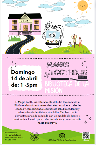 Promotional flyer for a free dental examination event by the magic toothbus on sunday, april 14th, with playful dental-themed illustrations.