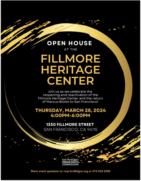 Invitation to the fillmore heritage center open house and reactivation event with details on date, time, and location displayed within an elegant black and gold design.