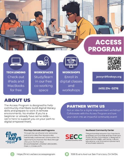 A promotional flyer for the five keys study/work/learn access program, highlighting tech lending services, workspace access, educational workshops, and partnership opportunities, with a qr code for more information.