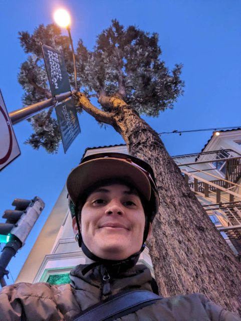 Person wearing a helmet posing for a selfie under a streetlight with a silk oak tree and building in the background.