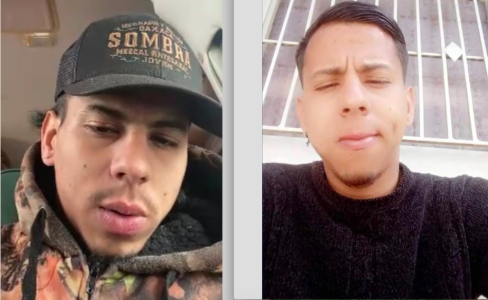 Two side-by-side selfies of the same person with different expressions and hairstyles, one taken indoors and one outdoors.