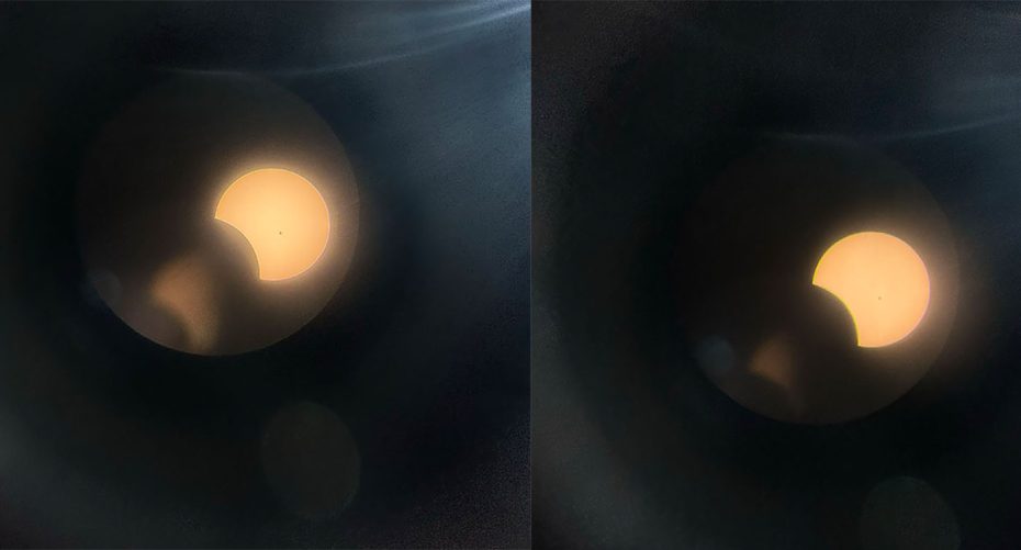 Partial solar eclipse viewed through a protective filter.